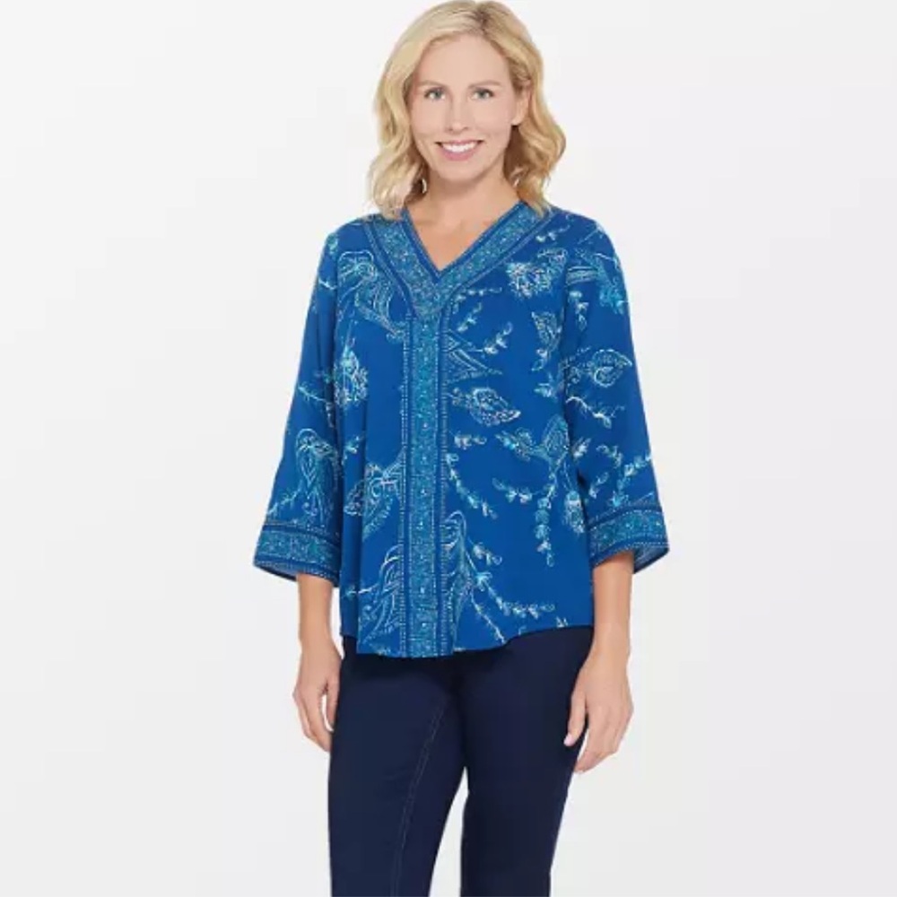 Belle by Kim Gravel Bandana Border Print V-Neck Blouse-Blue-XXS-NEW-A347134
